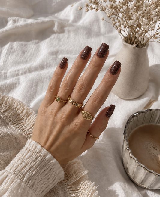 Nail patch marron pailleté posé sur les ongles