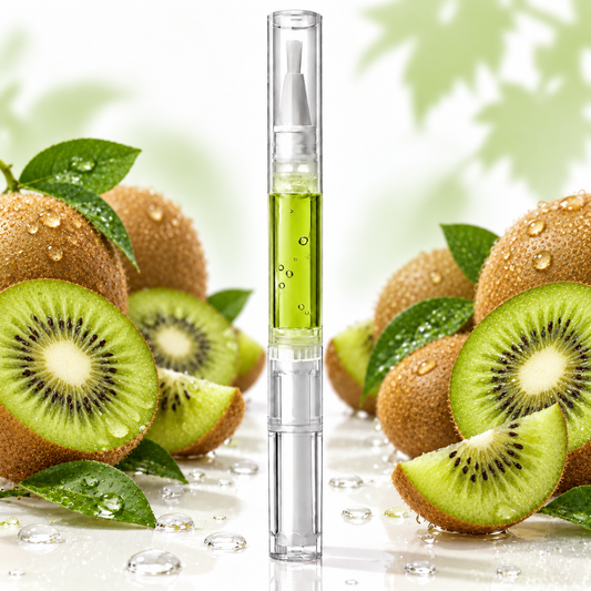     Stylo d’huile à cuticules au kiwi vert entouré de kiwis frais