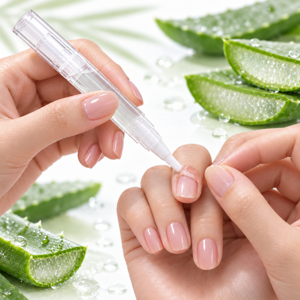     Application d’une huile à l’aloe vera sur les cuticules pour une manucure soignée et des ongles hydratés.