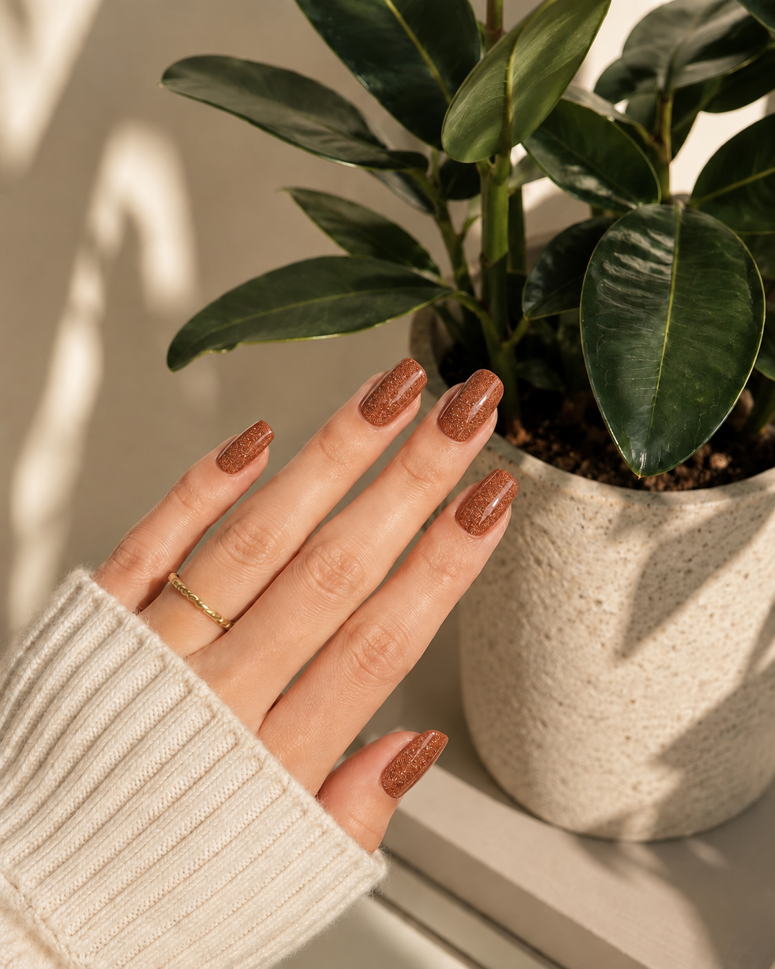     Décoration adhésive bronze appliquée sur les ongles